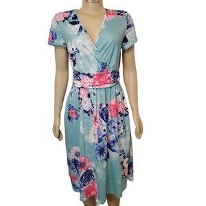 Ouges Women's Dress Size Large Blue Pink Midi Floral V-neck Pockets Unlined